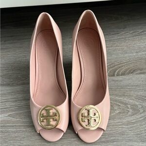Tory Burch Blush Peep-Toe Wedge Heels with Gold Accent